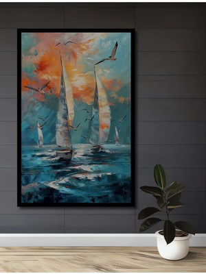 Teona Ahşap Çerçeve Görünümlü Yelkenliler ve Martılar Ahşap Mdf Dekoratif Tablo Dikdörtgen Tablo