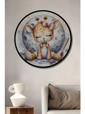 Teona Ahşap Çerçeve Görünümlü Ay Işığında Sevimli Zürafa Ahşap Mdf Dekoratif Tablo Yuvarlak Tablo