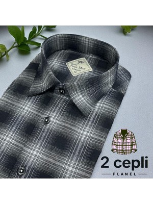 Eren Style Iki Cepli Kapaklı Klasik %100 Cotton Uzun Kollu Terletmeyen Kışlık Flanel Kumaş Siyah Gömlek (Regular Kalıp)