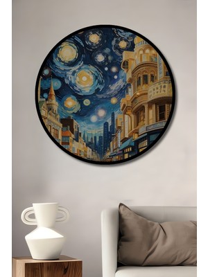 Teona Ahşap Çerçeve Görünümlü Yıldızlı Gece Şehir Manzarası Ahşap Mdf Dekoratif Tablo Yuvarlak Tablo