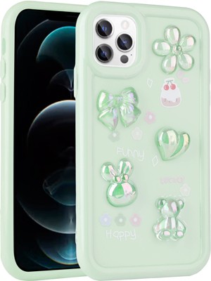 iPhone 13 Pro Uyumlu Kabartma Figürlü Parlak Aden Toys Silikon Kapak-Açık Yeşil