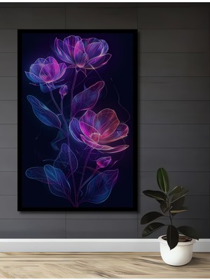 Teona Ahşap Çerçeve Görünümlü Neon Efektli Çiçek Dekoratif Ahşap Mdf Ev Duvar Tablo Dikdörtgen Ev Duvar Tablo