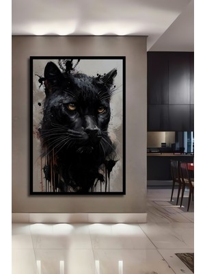 Teona Ahşap Çerçeve Görünümlü Kara Panter Ahşap Mdf Dekoratif Ev Duvar Tablo Dikdörtgen Ev Duvar Tablo
