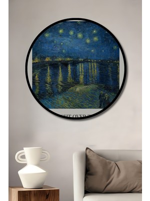 Teona Ahşap Çerçeve Görünümlü Van Gogh Yıldızlı Gece Üzerinde Rhône Ahşap Mdf Dekoratif Tablo Yuvarlak Tablo
