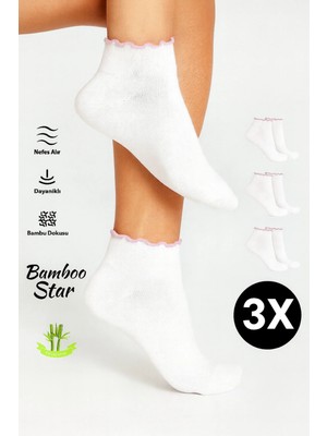 Bamboo Star Bambu Kadın Pembe Fırfırlı Patik Lastiksiz Dikişsiz Beyaz Çorap 3lü Paket