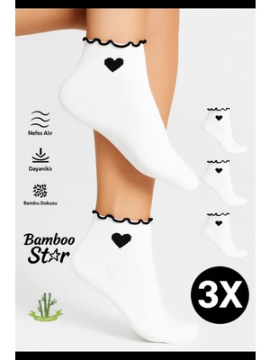 Bamboo Star Bambu Kadın Siyah Fırfırlı Kalp Desenli Patik Lastiksiz Dikişsiz Beyaz Çorap 3lü