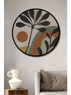 Teona Ahşap Çerçeve Görünümlü Soyut Bitkiler Ahşap Mdf Dekoratif Ev Duvar Tablo Yuvarlak Ev Duvar Tablo