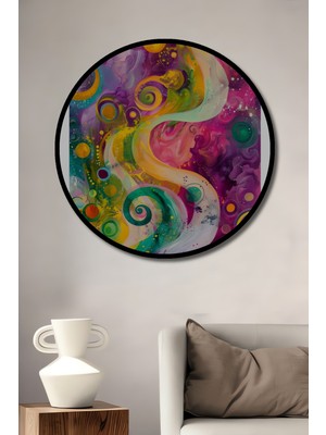 Teona Ahşap Çerçeve Görünümlü Renklerin Dansı Dekoratif Ahşap Mdf Ev Duvar Tablo Yuvarlak Ev Duvar Tablo