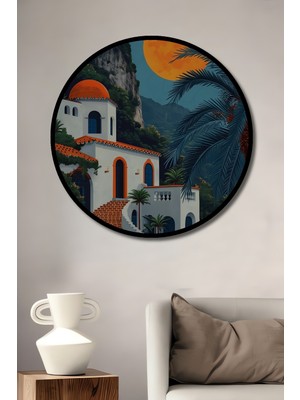 Teona Ahşap Çerçeve Görünümlü Akdeniz Rüyası Dekoratif Ahşap Mdf Ev Duvar Tablo Yuvarlak Ev Duvar Tablo