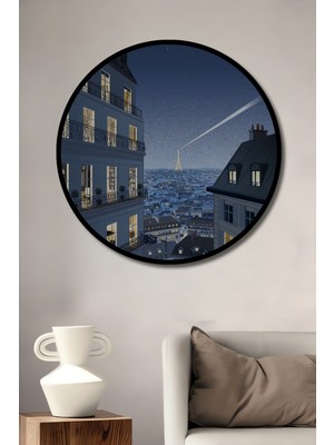 Teona Ahşap Çerçeve Görünümlü Paris Gece Manzarası Eyfel Kulesi Dekoratif Ahşap Mdf Tablo Yuvarlak Tablo