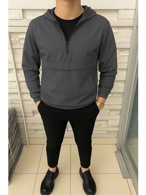 Comstar Erkek Fermuarlı Astarsız Kanguru Cep Füme Yağmurluk