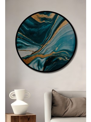 Teona Ahşap Çerçeve Görünümlü Soyut Mavi ve Altın Dekoratif Ahşap Mdf Ev Duvar Tablo Yuvarlak Ev Duvar Tablo