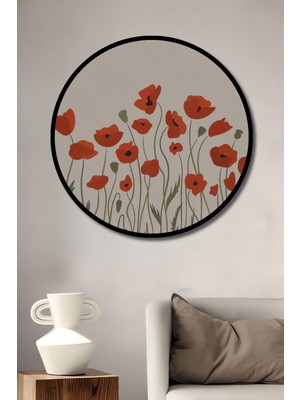 Teona Ahşap Çerçeve Görünümlü Gelincik Çiçeği Ahşap Mdf Dekoratif Ev Duvar Tablo Yuvarlak Ev Duvar Tablo