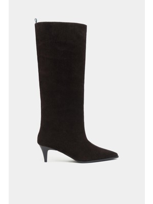 Nişantaşı Shoes Jolie Kahve Süet Hakiki Deri Sivri Burun Kadın Topuklu Çizme