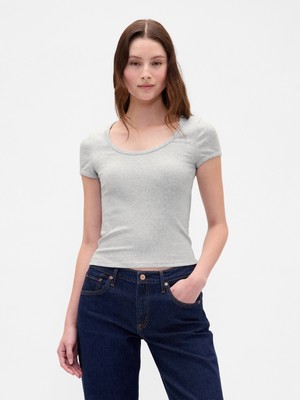 Gap Kadın Gri Modern Fitilli Scoop Crop T-Shirt