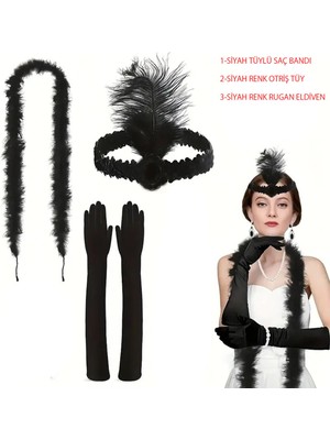 1920’LER Tarzı Siyah Tüylü Saç Bandı, Rugan Siyah Eldiven ve Siyah Otri̇ş Seti