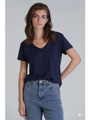 Lufian Florans Kadın %100 Pamuk T-Shirt Lacivert