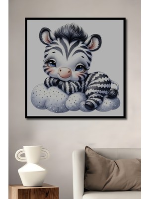 Teona Ahşap Çerçeve Görünümlü Sevimli Zebra Bulutlar Üzerinde Ahşap Mdf Dekoratif Tablo Dikdörtgen Tablo
