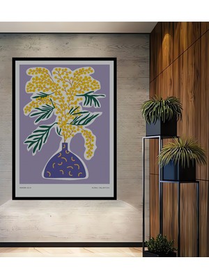 Teona Ahşap Çerçeve Görünümlü Sarı Mimoza Çiçeği Dekoratif Ahşap Mdf Ev Duvar Tablo Dikdörtgen Ev Duvar Tablo