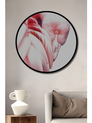 Teona Ahşap Çerçeve Görünümlü Flamingo Zarafeti Dekoratif Ahşap Mdf Ev Duvar Tablo Yuvarlak Ev Duvar Tablo