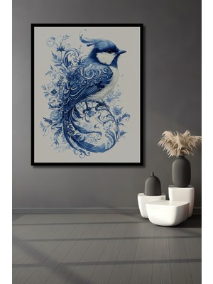 Teona Ahşap Çerçeve Görünümlü Mavi Süslü Kuş Ahşap Mdf Dekoratif Ev Duvar Tablo Dikdörtgen Ev Duvar Tablo
