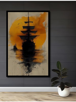 Teona Ahşap Çerçeve Görünümlü Gızemlı Yelkenli Günbatımı Ahşap Mdf Dekoratif Tablo Dikdörtgen Tablo
