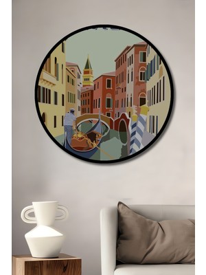 Teona Ahşap Çerçeve Görünümlü Venedik Gondol Turu Dekoratif Ahşap Mdf Ev Duvar Tablo Yuvarlak Ev Duvar Tablo