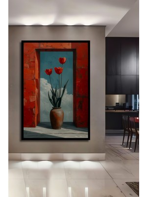 Teona Ahşap Çerçeve Görünümlü Kırmızı Laleler Ahşap Mdf Dekoratif Ev Duvar Tablo Dikdörtgen Ev Duvar Tablo