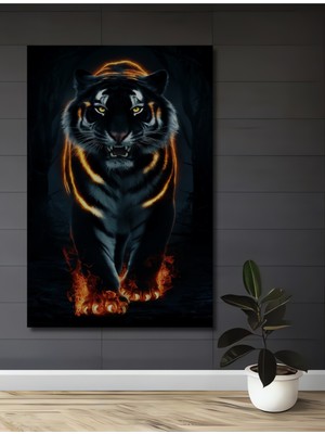 Teona Ahşap Ateş Halesiyle Kara Kaplan Dekoratif Ahşap Mdf Tablo Dikdörtgen Tablo