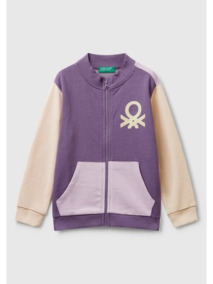 United Colors Of Benetton Kız Çocuk Lila-Fuşya-Bej Simli Logo Baskılı Fermuarlı Ribanalı Regular Fit Sweatshirt