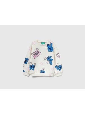 United Colors Of Benetton Kız Bebek Ekru Mix Tamamı Baskılı Logo Etiketli Comfort Fit Sweatshirt