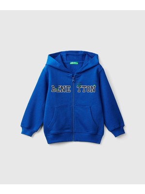 United Colors Of Benetton Erkek Çocuk Saks Mavi Logo Baskılı Kanguru Cepli Fermuarlı Kapüşonlu Sweatshirt