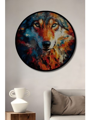 Teona Ahşap Çerçeve Görünümlü Kurt Portresi Dekoratif Ahşap Mdf Ev Duvar Tablo Yuvarlak Ev Duvar Tablo