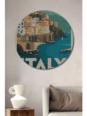 Teona Ahşap Amalfi Kıyıları Dekoratif Ahşap Mdf Yuvarlak Ev,iş Yeri Duvar Tablo
