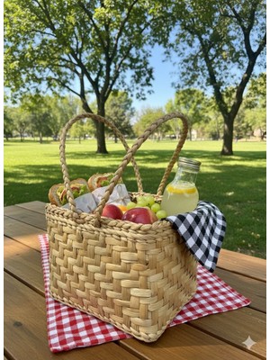 Ss Eral Koop  Hasır Piknik Sepeti Çift Kulplu Kare Büyük Boy  El Örgüsü Dekoratif – Doğal El Işçiliği