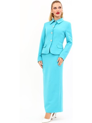 Önder Özsoy Gömlek Yaka Klasik Ceket &  Uzun Düz Dar Etek-Turkuaz