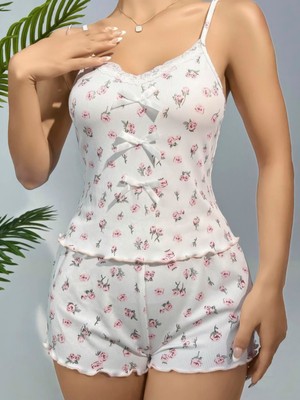 Marsilyan  Pamuklu Beyaz Üstüne Çiçek Desen Fitilli Askılı Şortlu Pijama Takımı