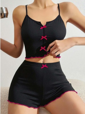 Marsilyan  Pamuklu Siyah Üstüne Pembe Kurdelalı Fitilli Askılı Şortlu Pijama Takımı