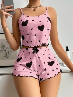 Marsilyan  Pamuklu Pembe Üstüne Siyah Kalp Desenli Askılı Fitilli Şortlu Pijama Takımı