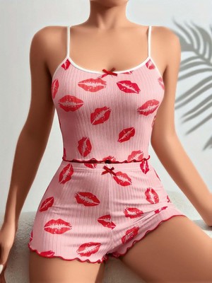 Marsilyan  Pamuklu Kiss Öpücük Desen Pembe Şortlu Pijama Takımı