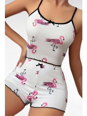 Marsilyan  Pamuklu Beyaz Üstüne Pelikan Desen Fitilli Askılı Şortlu Pijama Takımı