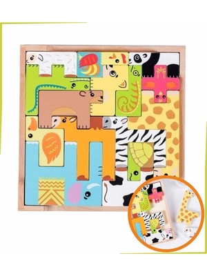 Emdief Home Renkli 15 Hayvanlı Geometrik Ahşap Puzzle
