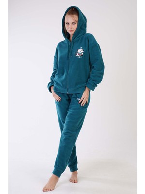 Vienetta Kadın Uzun Kollu Kapüşonlu Fermuarlı Manşetli Paça Silver Pine Renk Polar Pijama Takımı C6T0N0503