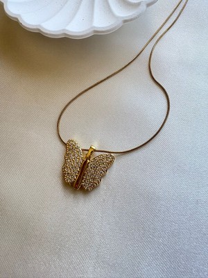 316L Çelik Taşlı Kelebek Model Açılır Kolye-Zirkon Detaylı Şık Tasarım Işıltılı ve Zarif Görünüm