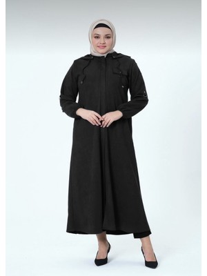 Desen Kadın Büyük Beden Kapüşonlu Mevsimlik Süet Ferace