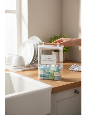 Ahşap Kulplu Vakumlu Şeffaf Bulaşık Makinesi Tableti Kavanozu 2000ML