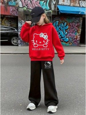 Punix Kids Punıx Kıds Özel Seri Hello Kitty Baskılı Kışlık Kapüşonlu Ispanyol Paça Kız Çocuk Eşofman Takımı