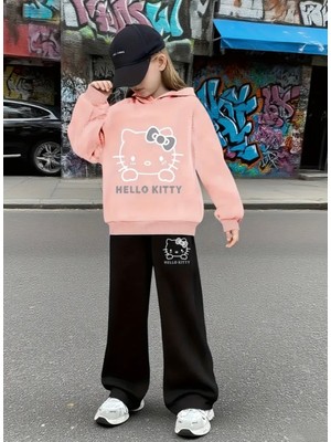 Punix Kids Punıx Kıds Özel Seri Hello Kitty Baskılı Kışlık Kapüşonlu Ispanyol Paça Kız Çocuk Eşofman Takımı