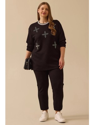 Galaxi Kadın Büyük Beden Taş Detaylı Sweatshirt 4002 Siyah