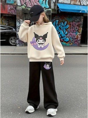 Punix Kids Punıx Kıds Özel Tasarım Kuromi Ay Da Baskılı %100 Pamuk Kışlık Ispanyol Paça Kız Çocuk Eşofman Takımı